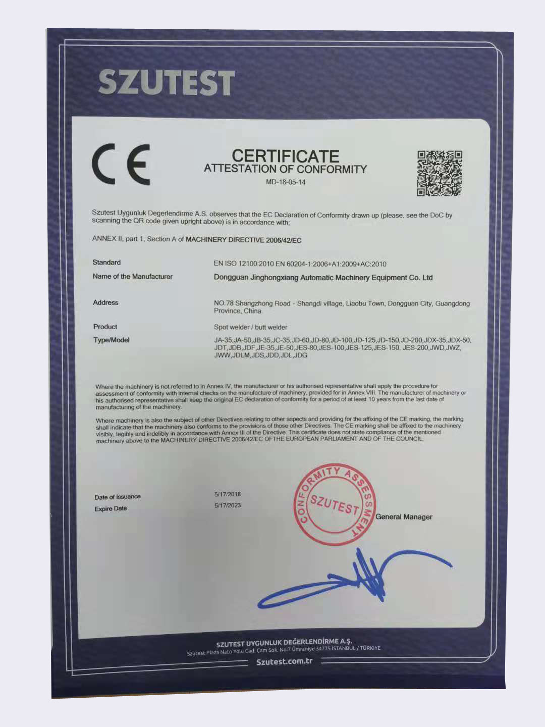 Çin Dongguan Jinghongxiang Automation Equipment Co., Ltd. Sertifikalar